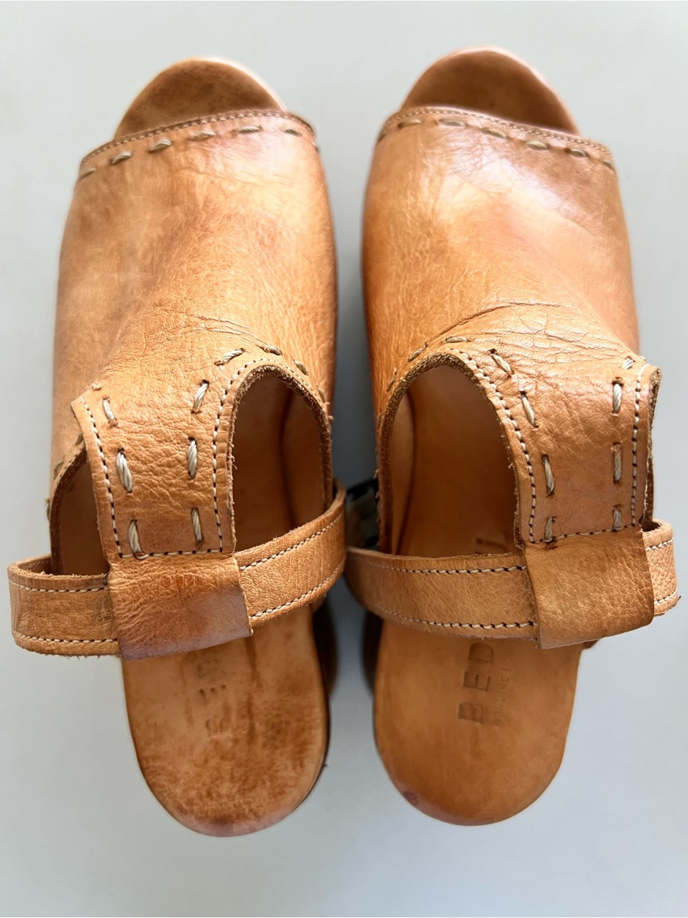 Bed Stu Tan Leather Open-Toe Clog Mules
